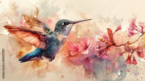 A watercolor painting of a hummingbird flying towards a branch of pink flowers.