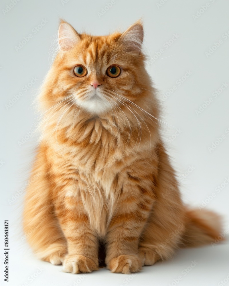Obraz premium Fluffy orange British Longhair cat sitting gracefully atop a white floor