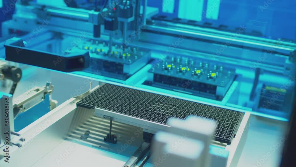 Assembly of a complex electronic board by an industrial robot. Modern electronics production on a CNC machine. Close-up. Assembly of a complex electronic board by an industrial robot. Modern electronics production on a CNC machine. Close-up.