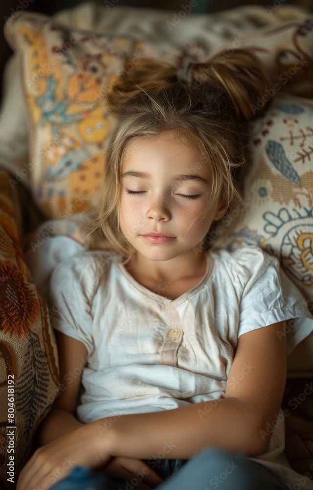 Young girl peacefully slumbers on the cozy couch, her innocence radiating in tranquil repose Young girl peacefully slumbers on the cozy couch, her innocence radiating in tranquil repose