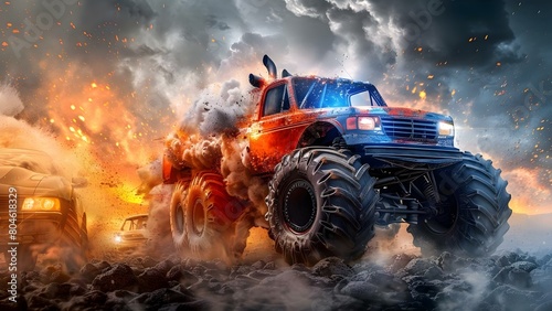 Monster truck crushing cars in wasteland: depicted through a neural network drawing. Concept Monster Trucks, Cars, Wasteland, Neural Network Drawing photo