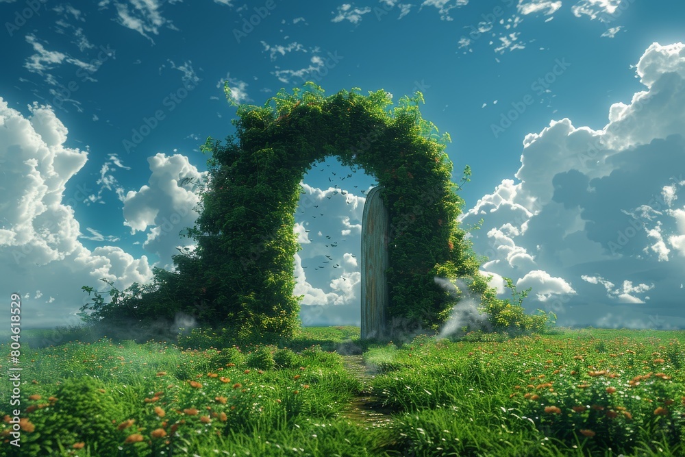 A fantasy scene of a green leaf-covered archway with a cascading waterfall leading to a sunny lush field A fantasy scene of a green leaf-covered archway with a cascading waterfall leading to a sunny lush field