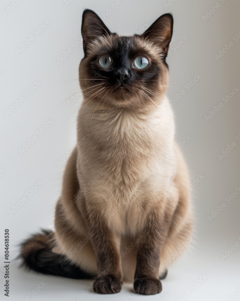 A Siamese cat sits gracefully on a white canvas, exuding elegance and poise