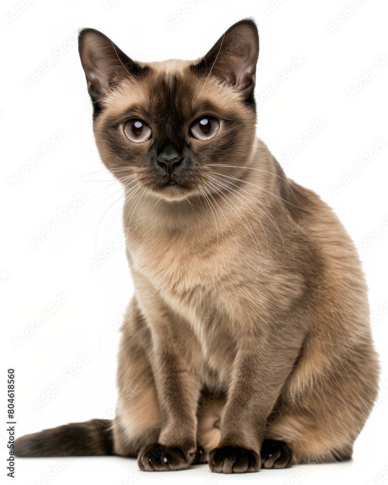 Majestic Siamese cat with piercing eyes sits gracefully against a pure white backdrop