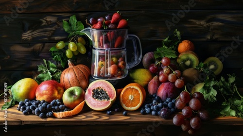 A variety of ripe fruits arranged artistically around a blender  ready for a delicious blend. 