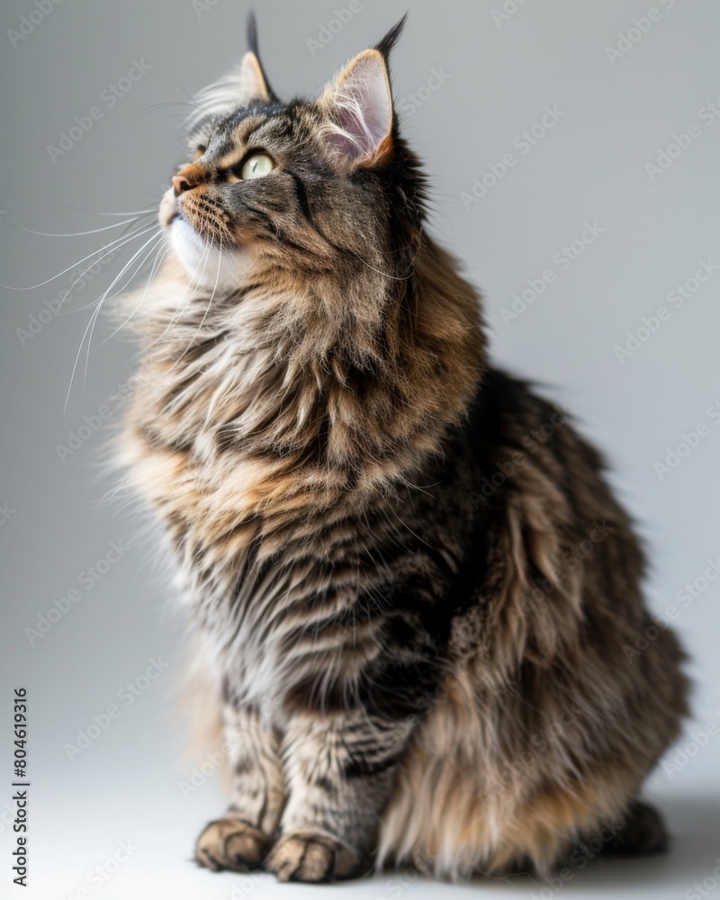 Obraz premium Elegant long-haired Chinese Li Hua cat sitting gracefully on white surface