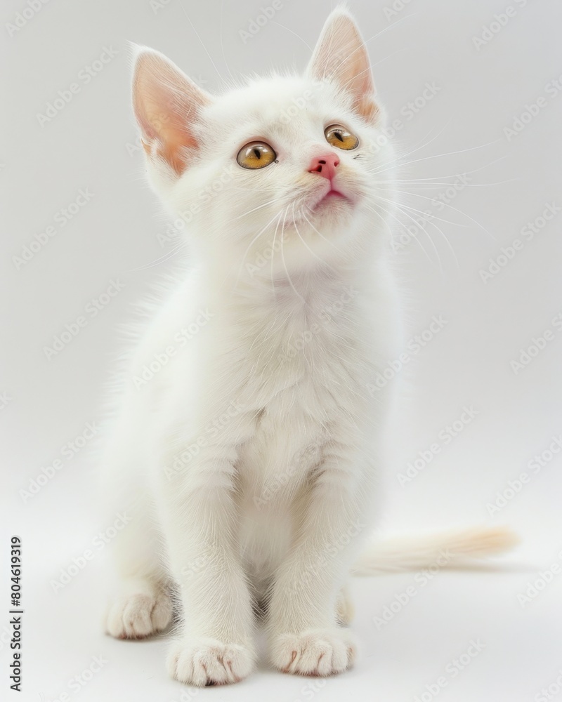 A pure white kitten with vibrant yellow eyes seated peacefully