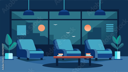 A designated calming area for employees to take a nap or rest their eyes designed with soft lighting and comfortable recliners. Vector illustration