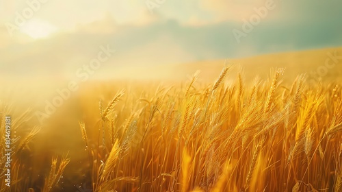 Wheat field under the blue sky. Ripe wheat ears background. Rich harvest concept.