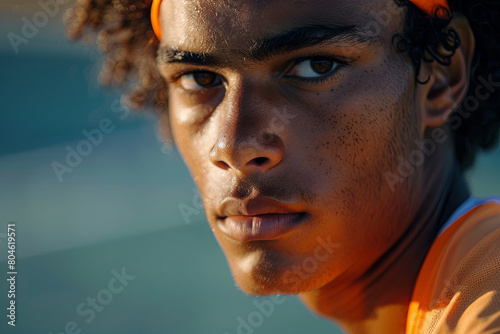 Male tennis player poised in anticipation, awaiting his opponent's serve with focus and determination photo