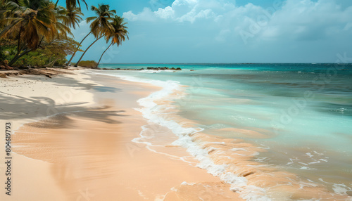 A realistic scene of an Idyllic Caribbean beach with golden sands and blue water