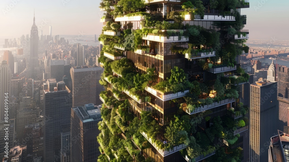 Obraz premium Sustainable Tree Growing on City Building Rooftop, To promote the benefits of sustainable and eco-friendly building design in urban environments