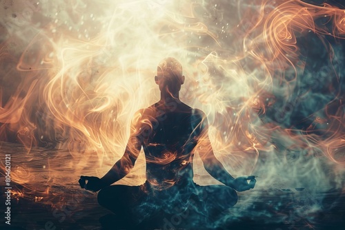 A surreal depiction of meditation, with a figure in a meditative pose surrounded by vibrant, fiery energy, symbolizing spiritual awakening and inner peace.