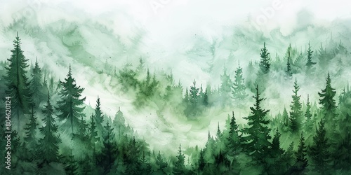 Misty Foggy Forest Landscape with Evergreen Trees Generative AI © Alexander