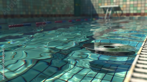 Retro record floats on pool surface. Summer pool party concept.