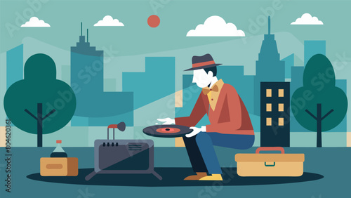 In a bustling city park a street performer plays their bluesy music on a small stage their tunes resonating from an oldfashioned record player at. Vector illustration