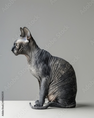 Hairless cat sitting gracefully on top of a table, against a white background photo