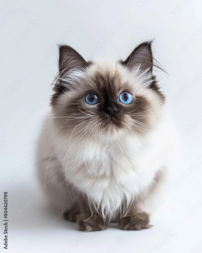 A Himalayan cat with striking blue eyes sits gracefully on a white surface