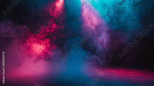 Deep maroon smoke wafting over a stage under a bright aqua spotlight, casting a rich, dramatic glow against a dark background.