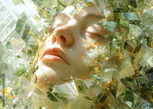 Surreal digital art of a woman's face fragmented among reflective, light-filled, ethereal textures.