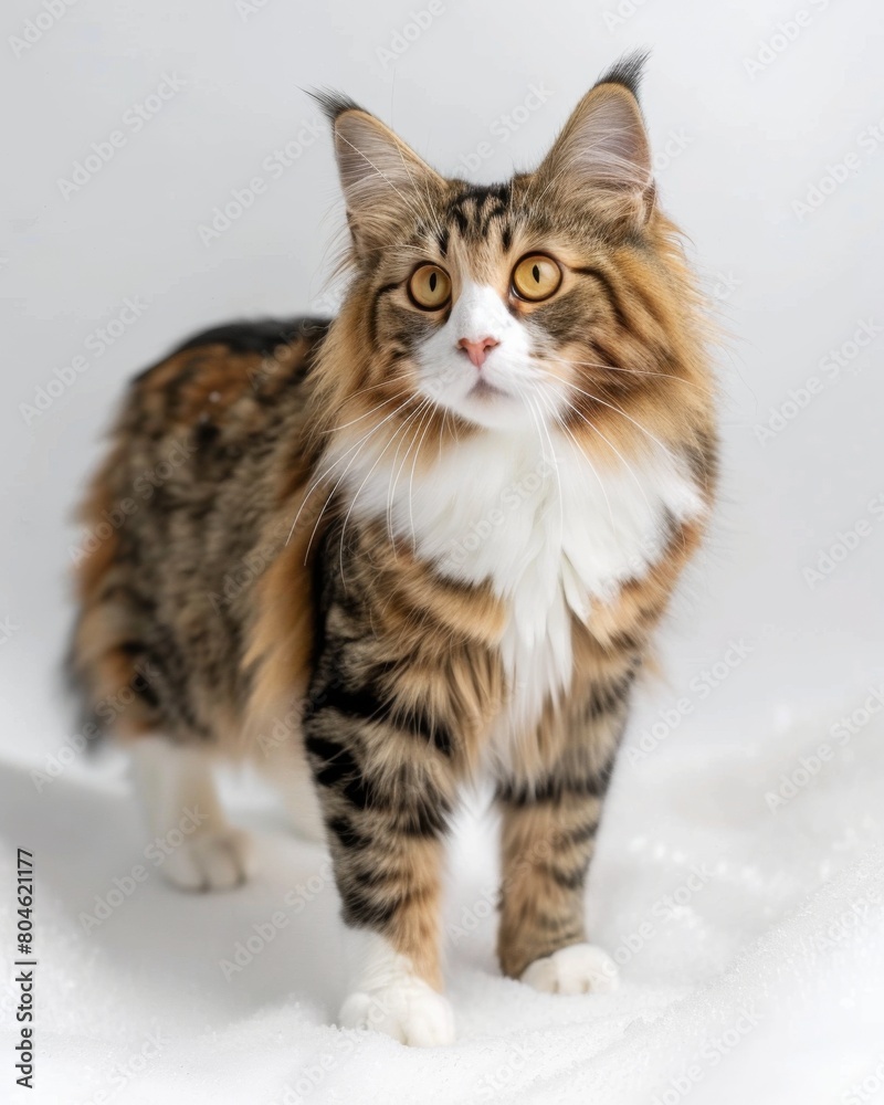 Fototapeta premium Brown and white Kurilian Bobtail cat standing proudly in a snowy landscape
