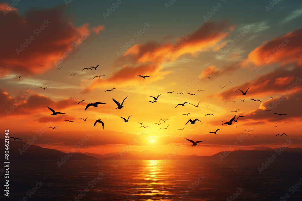 Silhouettes of birds flying home against the backdrop of a stunning sunset, isolated on solid white background.