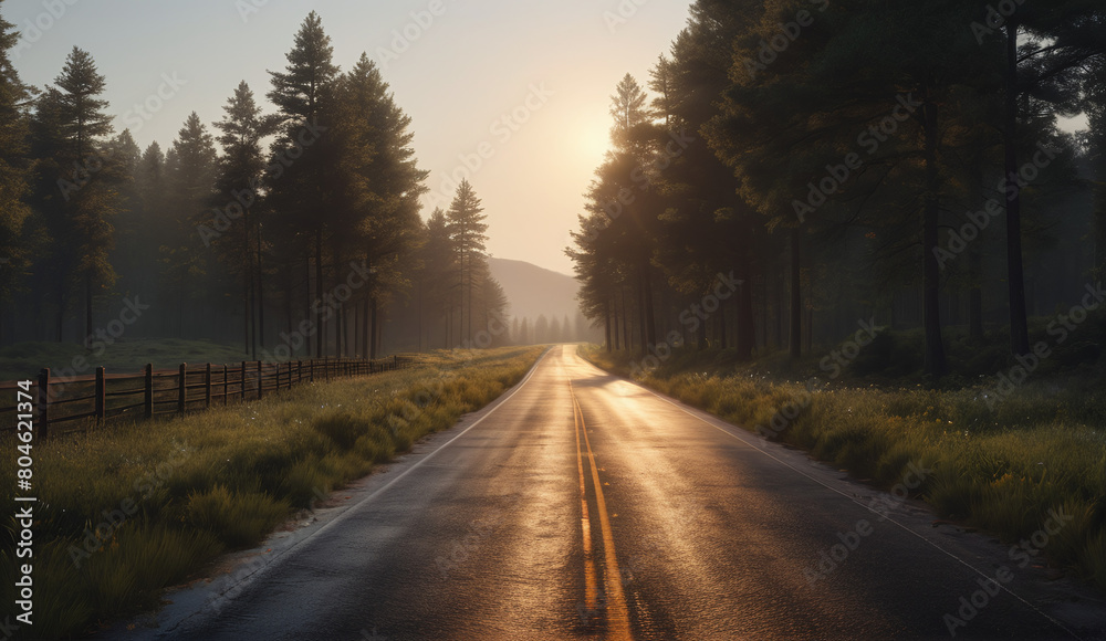Fototapeta premium The landscape of the road stretching into the distance. The American highway. The wilderness, a rural country road. The empty road of dreams. Summer forest background landscape