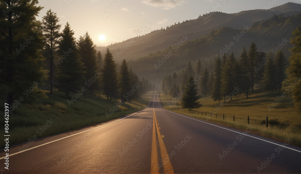 The landscape of the road stretching into the distance. The American highway. The wilderness, a rural country road. The empty road of dreams. Summer forest background landscape