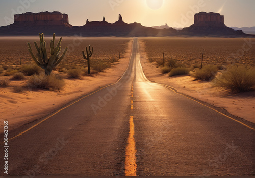 The landscape of the road stretching into the distance. The American highway. The wilderness, a rural country road. The empty road of dreams.  Desert background landscape emptiness
