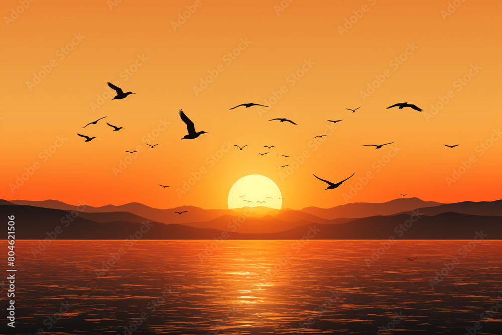 Silhouettes of birds flying home against the backdrop of a stunning sunset, isolated on solid white background.