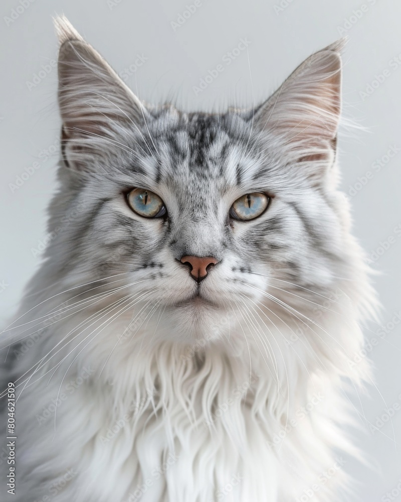 A stunning Minuet Napoleon cat with dazzling blue eyes gazes mysteriously ahead