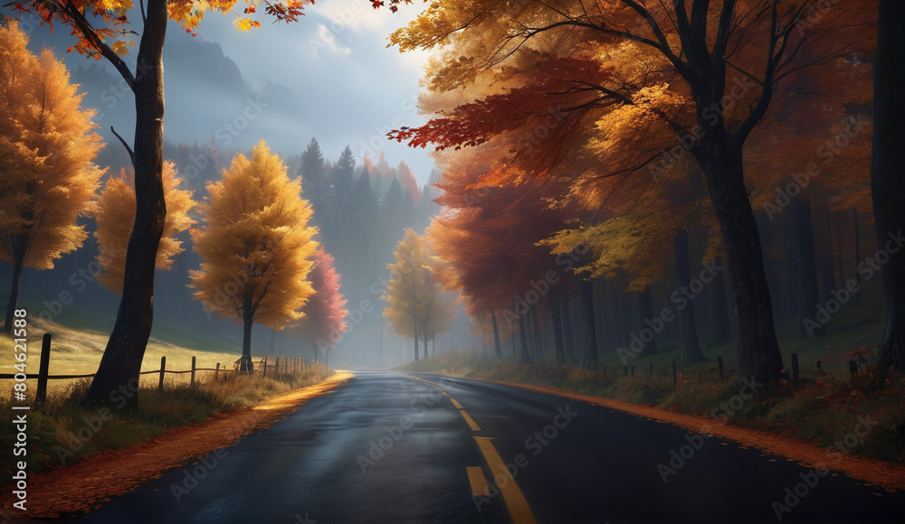 The landscape of the road stretching into the distance. The American highway. The wilderness, a rural country road. The empty road of dreams. Autumn background landscape emptiness