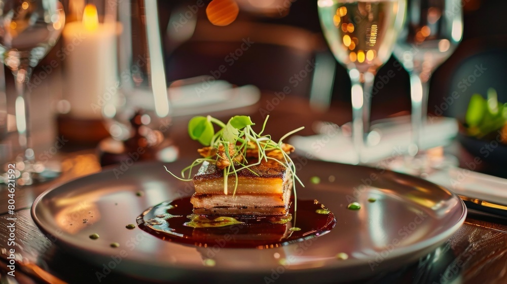 An elegant restaurant setting with a plate of triple-layer pork belly, representing culinary excellence. An elegant restaurant setting with a plate of triple-layer pork belly, representing culinary excellence.