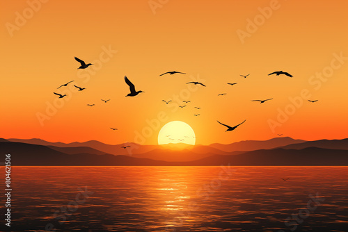 Silhouettes of birds flying home against the backdrop of a stunning sunset, isolated on solid white background. © MISHAL