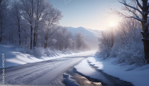 The landscape of the road stretching into the distance. The American highway. The wilderness, a rural country road. The empty road of dreams. Winter snow background landscape © Michael