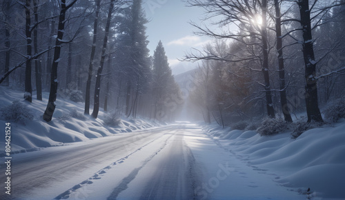 The landscape of the road stretching into the distance. The American highway. The wilderness, a rural country road. The empty road of dreams. Winter snow background landscape