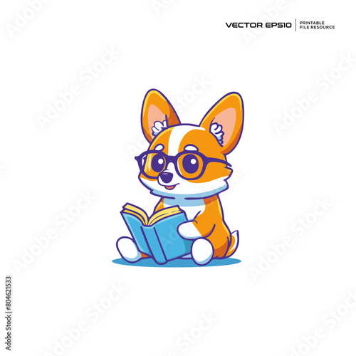 cute dog reading book, nerd, character, mascot, logo, design, vector, eps 10