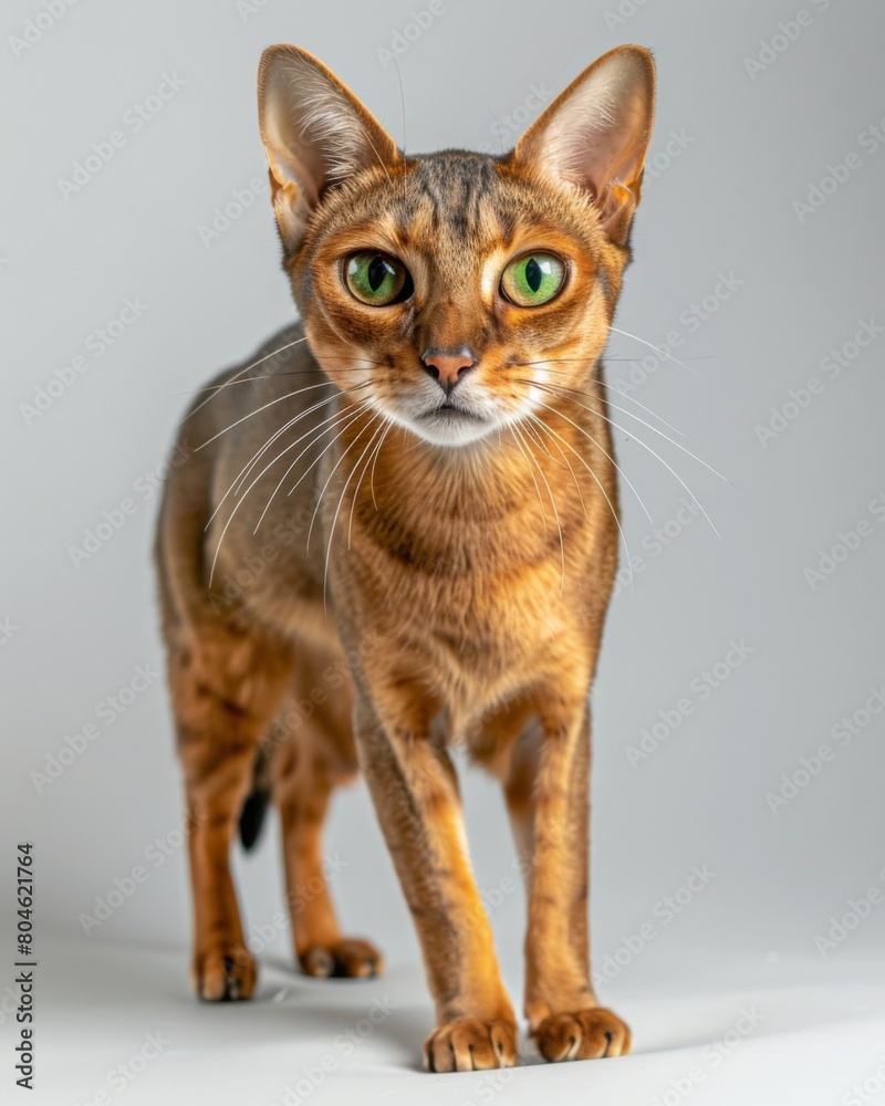 A captivating oriental cat with mesmerizing green eyes stands gracefully on a white surface
