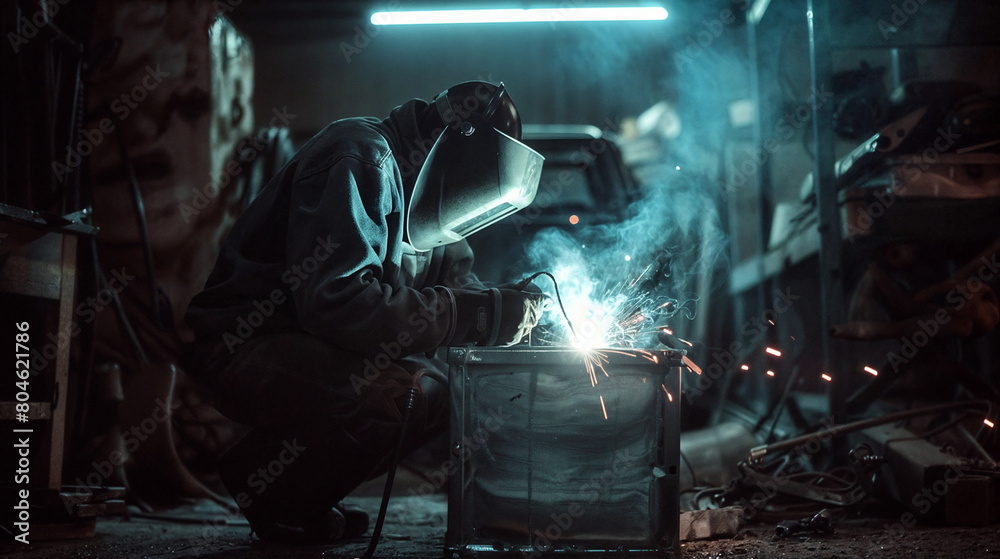 A welder works in a car repair shop. Sparks from welding.