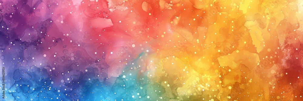 A vibrant watercolor background featuring a rainbow of colors including magenta, electric blue, and more. The colors create a beautiful pattern reminiscent of the sky