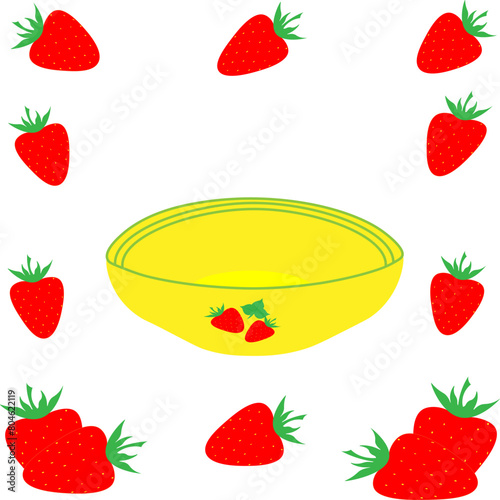 A yellow plate and red strawberries. A pattern of garden red strawberries or strawberry berries