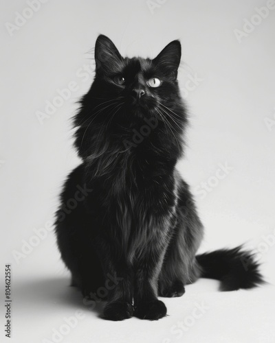 A magnificent black cat perched gracefully on a pristine white surface photo