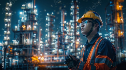 Asian engineer smart city smart industry background, sustainable power saving energy management smart factory technology, oil and gas plant background