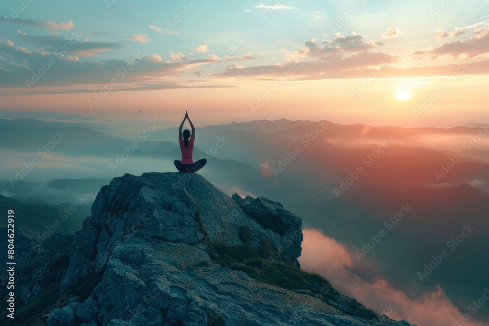 yoga pose on mountain during sunset, International yoga day concept image with copy space for text, World meditation day - generative ai