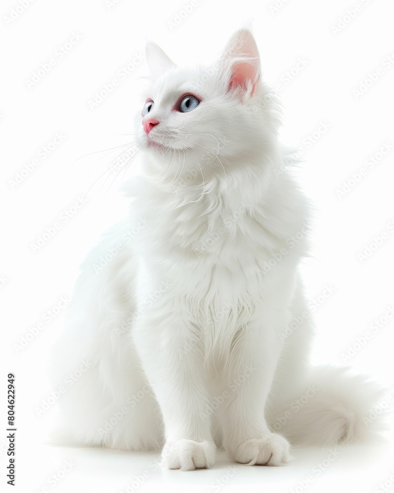 A stunning Turkish Van cat with mesmerizing blue eyes sits peacefully on a white background