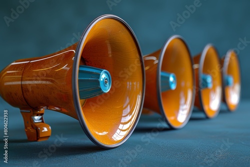 Orange megaphones are neatly lined up creating a visually striking contrast with the blue textured background