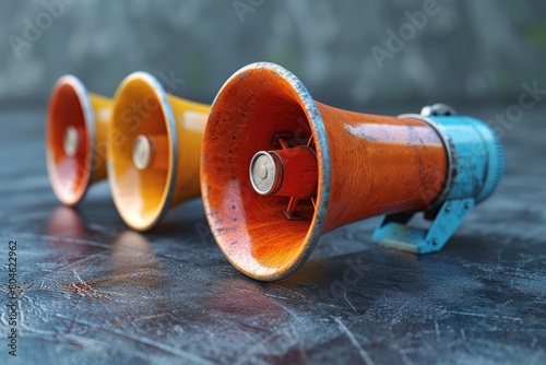 Three retro-style megaphones with a weathered look rest on a dark, textured ground, depicting a concept of old communication photo