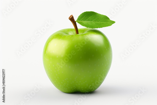 Single green apple fruit with green leaf isolated on transparent background. Granny smith apple. Full Depth of Field photo