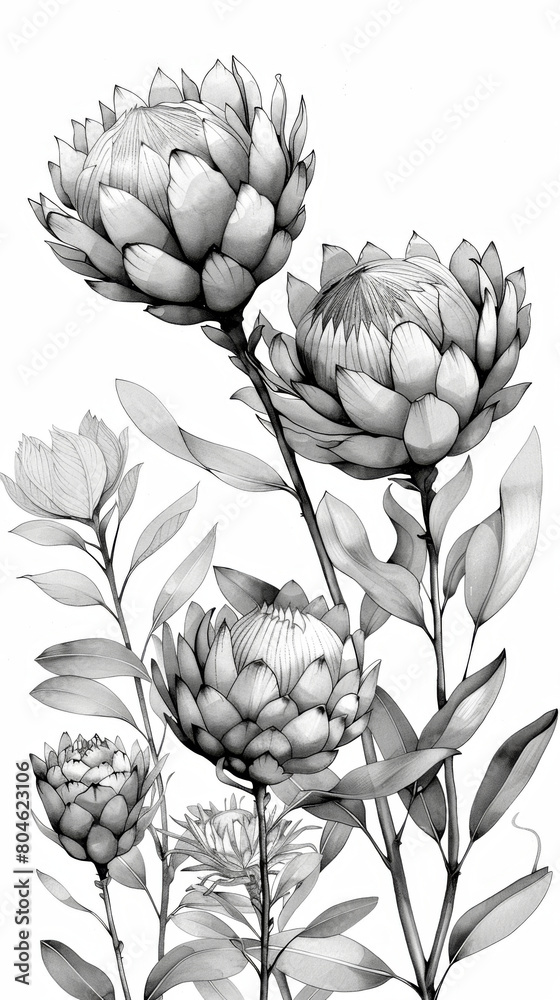 Protea Flower Illustration in Monochrome Protea Flower Illustration in Monochrome
