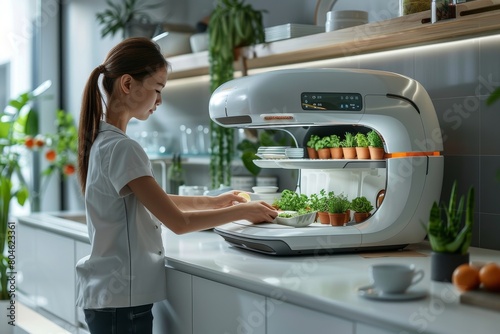 A person interacts with an advanced kitchen device that grows plants, showcasing modern home agriculture technology photo